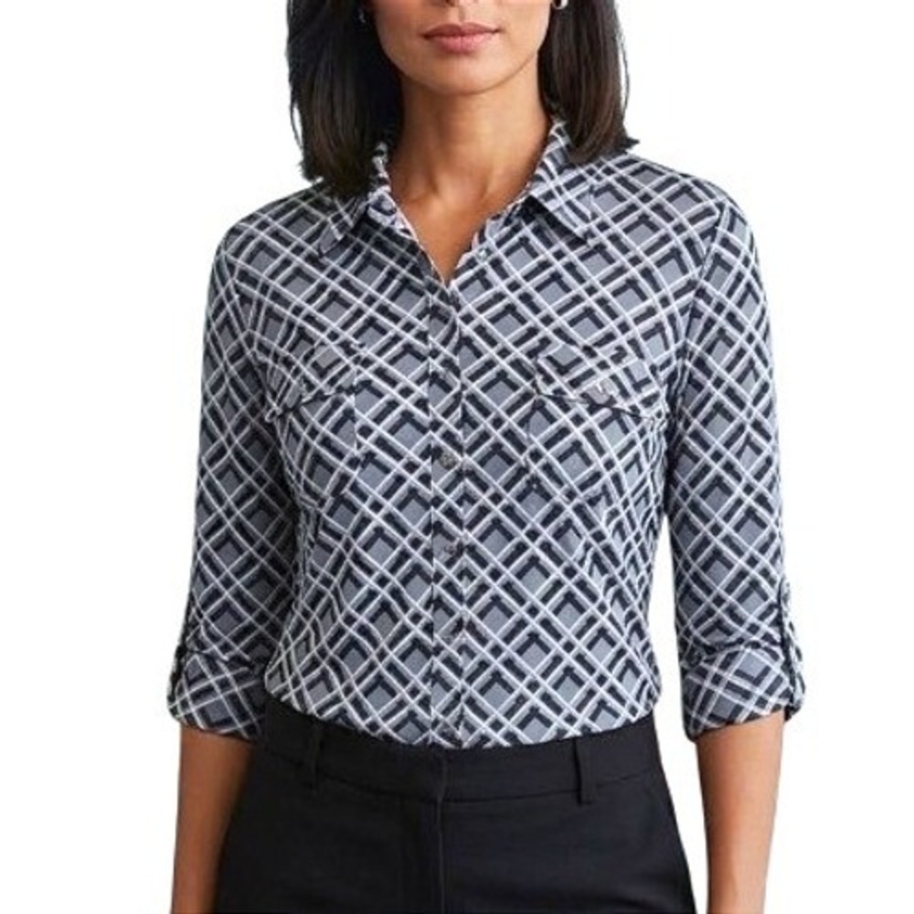 J. McLaughlin Gray Black Geometric Print Roll Tab Stretch Sleeve Career Blouse M